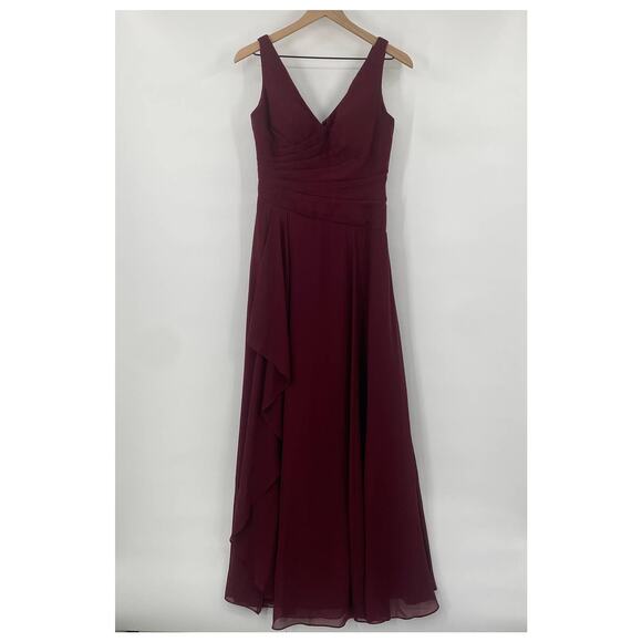 Azazie Empire Waist Gown Draped Front Mesh Overlay Maxi V Neck Burgundy Womens 8 - Picture 2 of 10